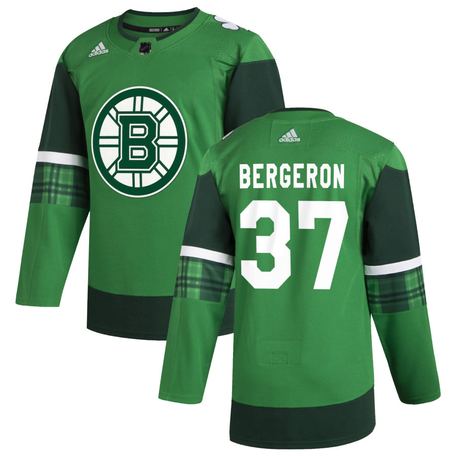 Boston Bruins 37 Patrice Bergeron Men Adidas 2020 St. Patrick Day Stitched NHL Jersey Green